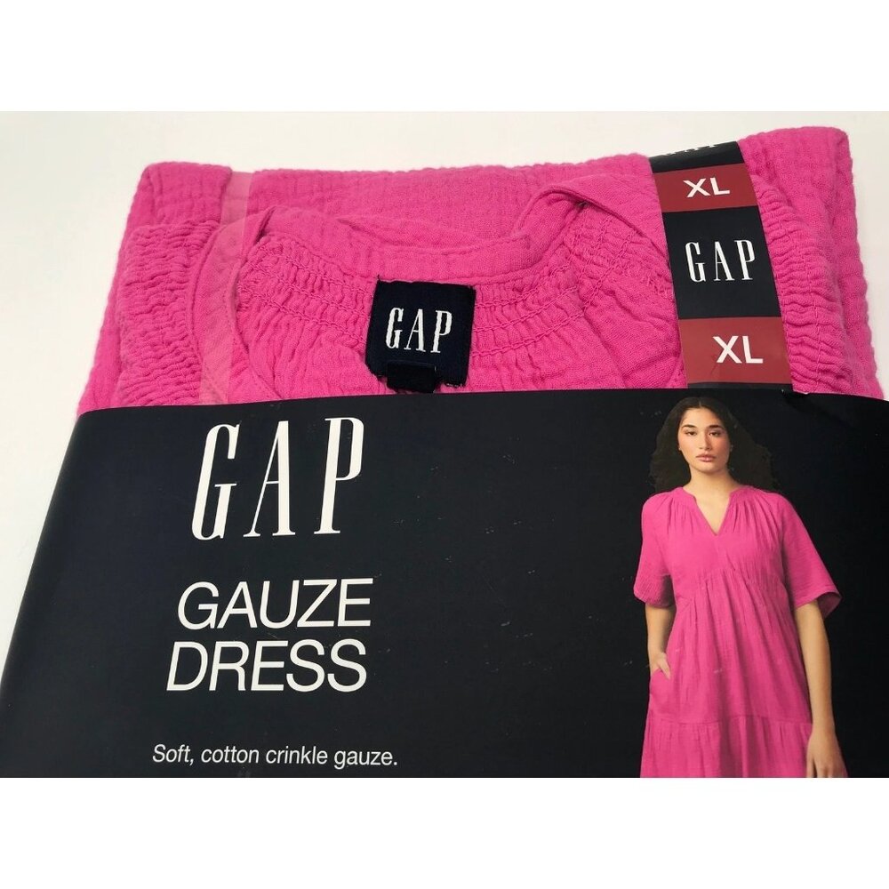 GAP Womens Pink Gauze Dress XL Short Sleeve Tiered Cotton Crinkle Mini V-Neck - Picture 3 of 6